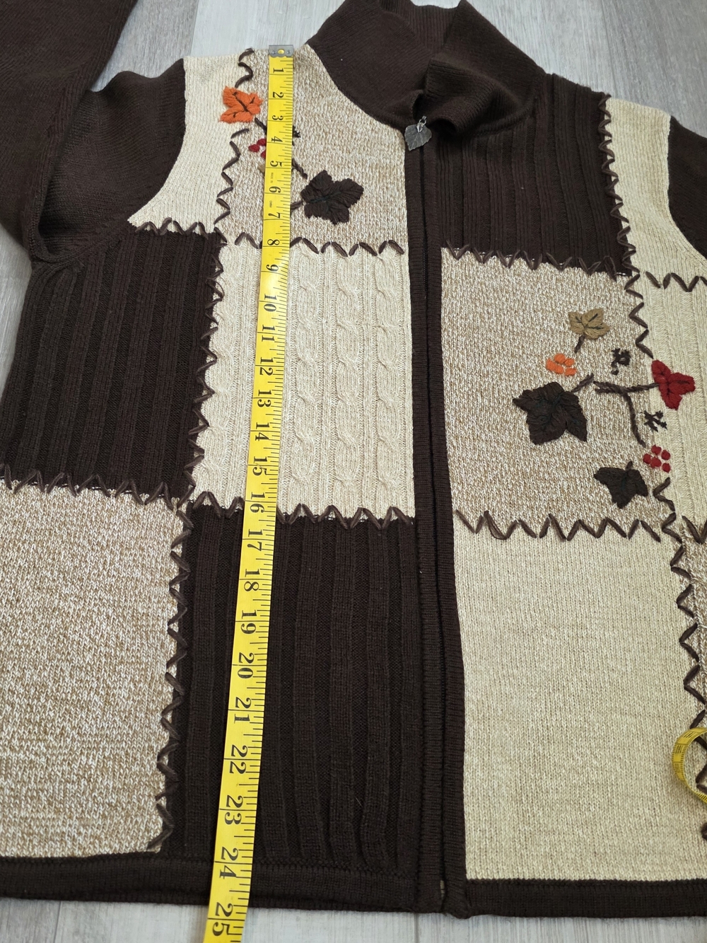 Alia Women’s Medium Patchwork Embroidered Full Zip Cardigan Sweater Brown Beige - Picture 11 of 12
